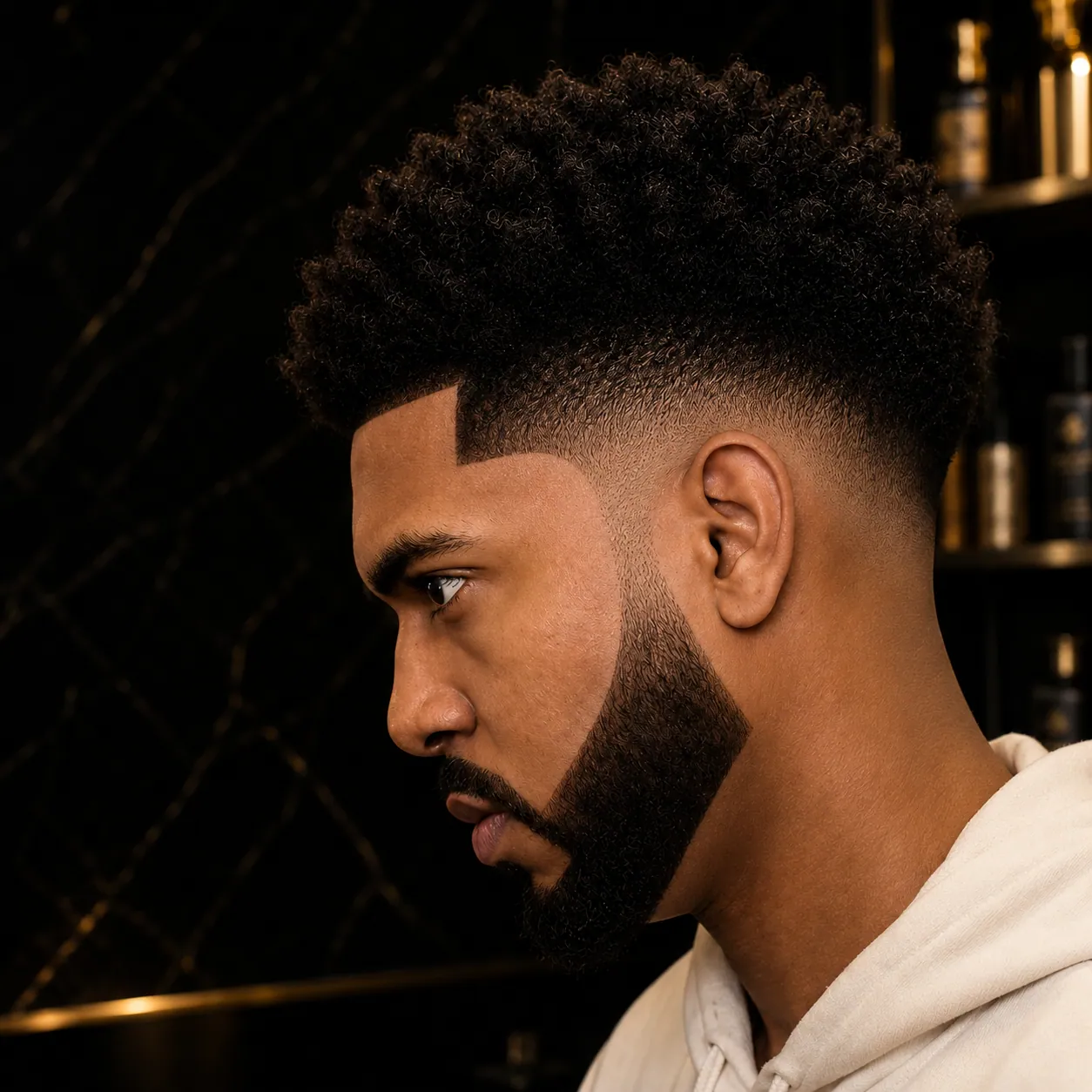 Afro con degradado y perfilado de barba